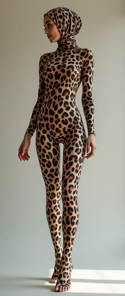 A thinest and beautiful muslimah woman wears clouded leopard print lycra turtleneck unitard catsuit covered with patterns.She always wear clouded leopard print seamless lycra hijab