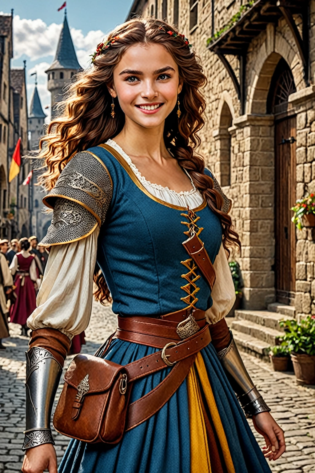 (best quality,4k,8k,highres,masterpiece:1.2),ultra-detailed,(realistic,photorealistic,photo-realistic:1.37),, easy going smile, short teenager, not frowning,beautiful detailed eyes,eyebrows are not frowning,beautiful detailed lips,period costume,medieval city background,fierce and independent,adventure,bravery,roguish charm,magician, mischievous smile,dagger in hand,graceful movements,carnival color palette,wild and untamed hair,medieval setting,stealth and agility,strong-willed,sparkling eyes,heroic deeds, hidden identity,social justice,heroic pose,confident posture