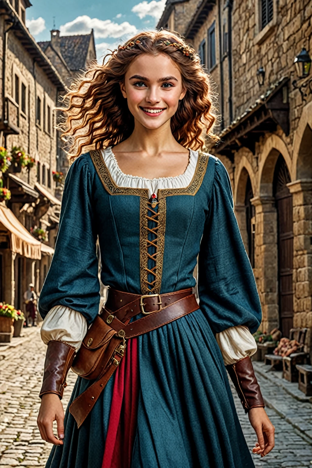 (best quality,4k,8k,highres,masterpiece:1.2),ultra-detailed,(realistic,photorealistic,photo-realistic:1.37),, easy going smile, short teenager, not frowning,beautiful detailed eyes,eyebrows are not frowning,beautiful detailed lips,period costume,medieval city background,fierce and independent,adventure,bravery,roguish charm,magician, mischievous smile,dagger in hand,graceful movements,carnival color palette,wild and untamed hair,medieval setting,stealth and agility,strong-willed,sparkling eyes,heroic deeds, hidden identity,social justice,heroic pose,confident posture