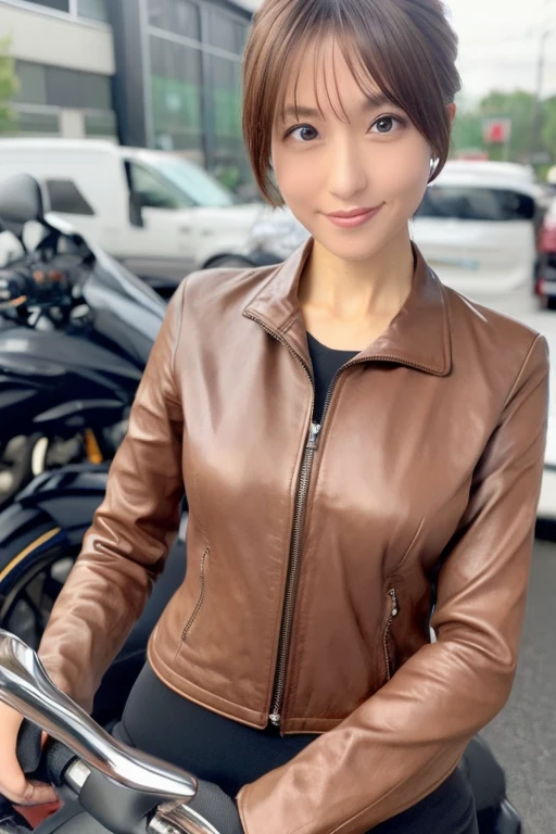 ((highest quality, 8K, masterpiece: 1.3)), sharp: 1.2, Skinny Japanese woman, 30 years old, perfect body beauty: 1.4, (very thin waist: 1.5), Cute face, Light brown shorthair, (((woman riding a motorcycle))), slender body, ((Riding Suit)), Highly detailed face and skin texture, fine eyes, double eyelid, ((full body shot)), Natural light, smile, Detailed Motorcycle