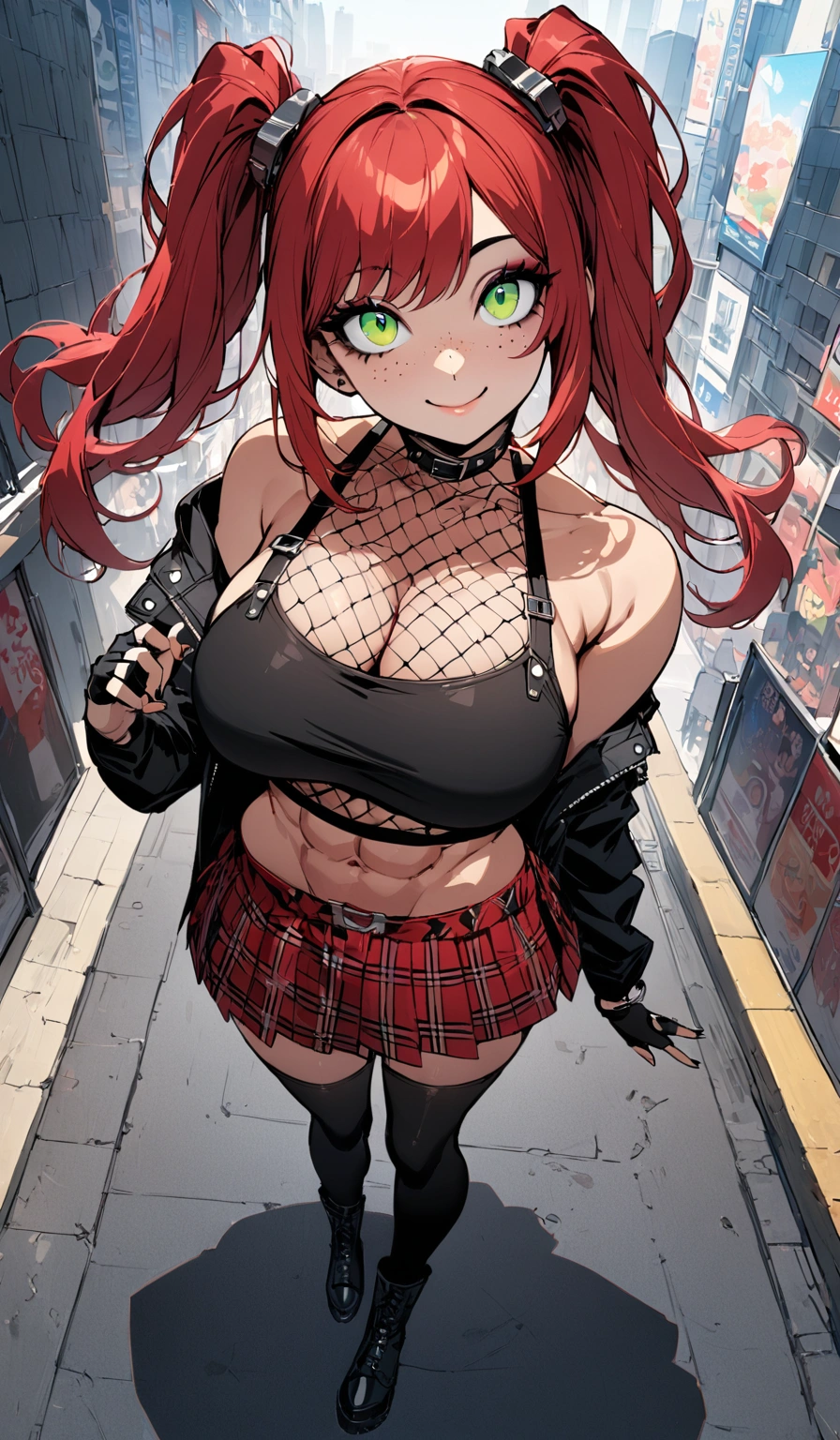 woman, smile, curly red hair in pig tails, green eyes, black eyeshadow, wearing crop top black shirt, long black jacket, red plaid skirt, black knee high boots, black fingerless gloves, exposed shoulders, large breasts, freckles, abs, cleavage, looking up at viewer, masterpiece, best quality, Holo-Punk Style, in the city, make up, eyelashes, fish net undershirt, fish net stockings, (full body)