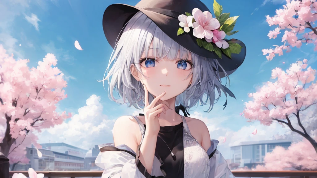 Open your mouth、Flower Field、Her eyes were shining、Mysterious and enchanting atmosphere。With AI Painting、とてもshort hair, Long bangs between the eyes, Very detailed,(masterpiece、Highest quality)、alone、Gray Hair、Fantasy, Silver Hair, Fantasyな風景、smile、Open your mouth、short hair、short hair、hairpin、black eye、Grey Eyes、Beautiful Eyes、Black Shirt、White hoodie
