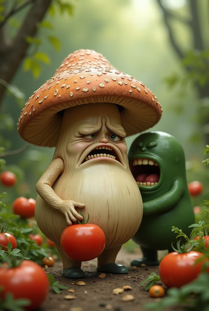 mashroom name john is sad and angry but cucumber frank rob his tomato