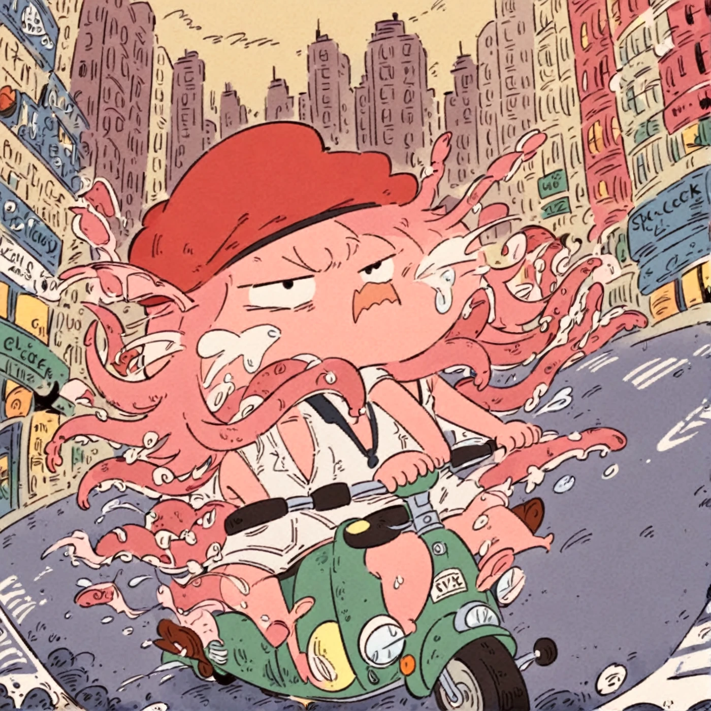 Axolotl Beetle, Circle Eye, Dot Pupils, Zig Zag Mouth, Red beret, White Vest, six tentacles legs, looking at viewer, evil Rage and Yelling, Riding Scooter, New York City, Style of Guillaume Renard, digital illustration