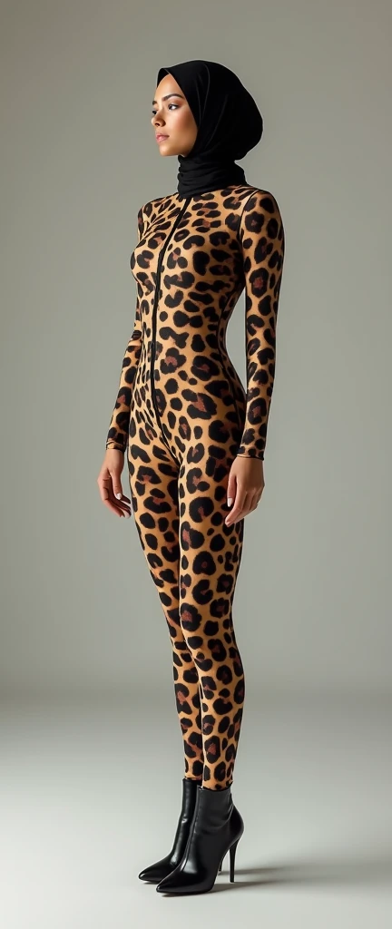 A thinest and beautiful muslimah woman wears clouded leopard print lycra turtleneck unitard catsuit covered with patterns.She always wear clouded leopard print seamless lycra hijab