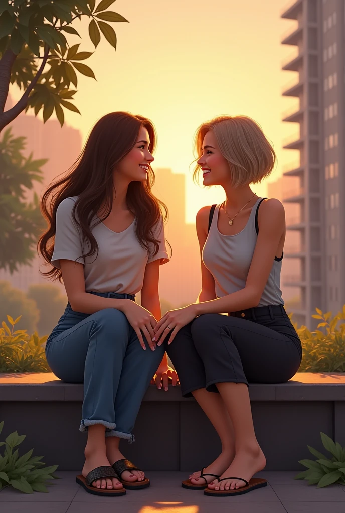 (photorealism:1.2), two beautiful woman, talking each other, laughing vibes, 1 meter away, sitting on bench, wearing casual top, pants, long hair and short hair, outdoors, wearing sandals, soft lighting, high building in background, dawn, relaxed pose, realistic, intricate details, warm colors,