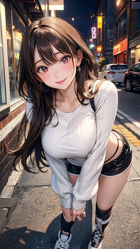 8k resolution,((Highest quality)), Ultra-high resolution,Adult women, alone, sexy, (A teasing smile), (Brown eyes), Beautiful and symmetrical face, (Brown cut medium hair),A loose long-hemmed sweater,decadent short shorts,Knee-high socks,sneakers,Realistic:1.4,Realistic:1.4,Night Alley,(masterpiece:1.2),Perfect Eyes,Perfect Eyes,Ample breasts,Provocative pose