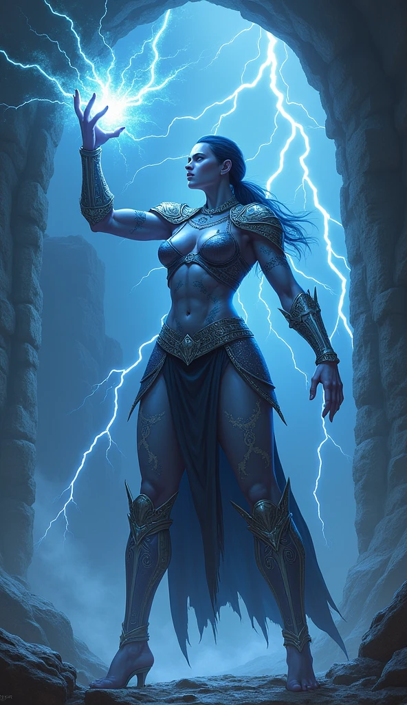 Aletta Ocean, angry evil beautiful and muscular, Nordic female, towering storm Giantess with blue black hair in a ponytail, older and mature woman, throwing a lightning ball, celtic glowing tattoos, wearing silver nordic steel runic plate mail Armour , temple cave background with lightning storm, glowing blue eyes, square jaw, powerful and imposing, winter clothing, pale blue purple skin, ((full plate silver celtic dragon armour)), nordic tattoos with bodybuilder physique