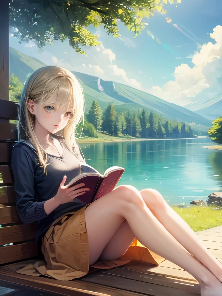 Girl reading a book by the lake,Beautiful Girl, Bright colors, spring, comfortable, Warm sunshine, Soft Effect,