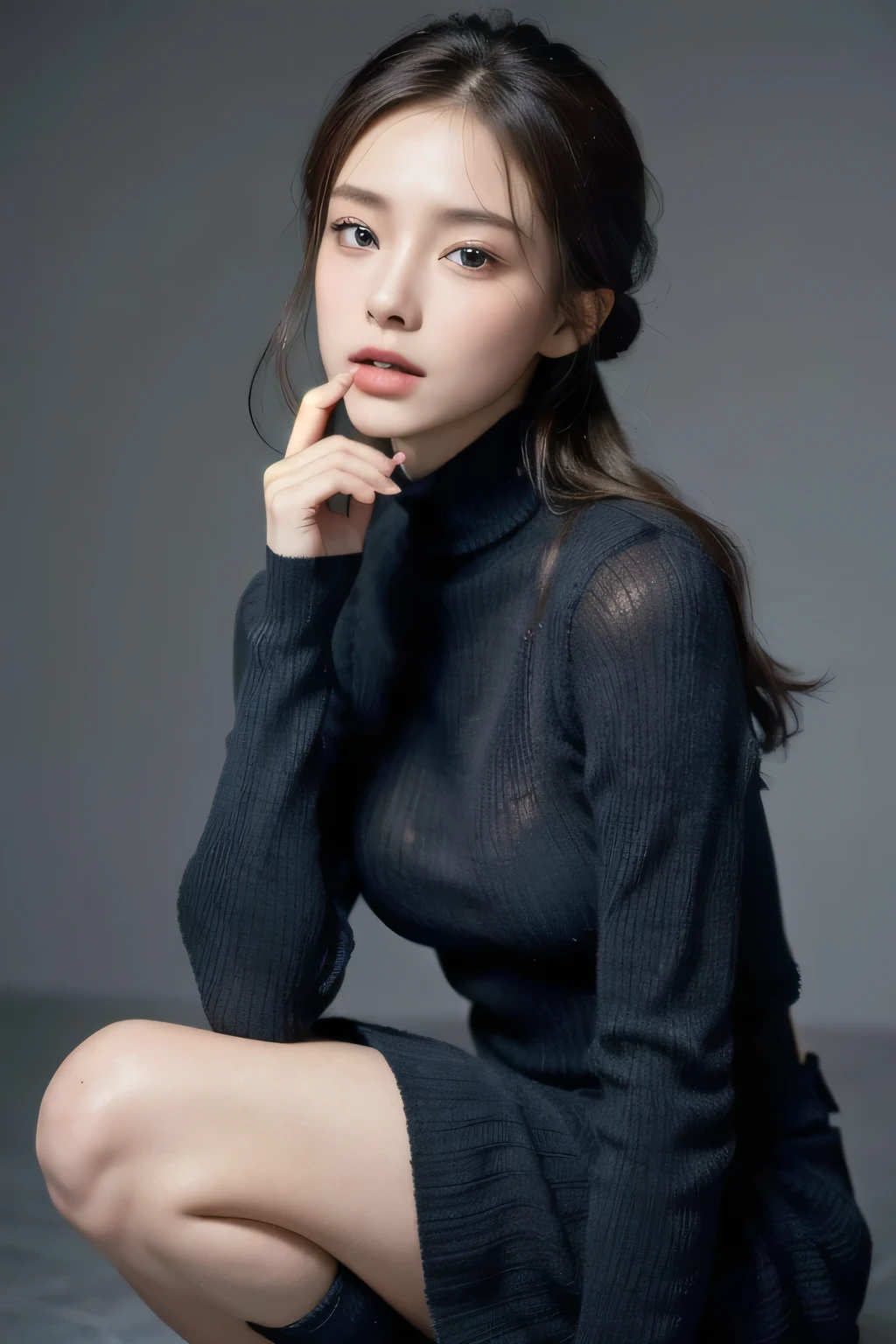 One person, Slim face, Piercing blue eyes, Brunette, Tie your hair up, thin:1.3, body, Wearing a thin knit sweater, Dark colored high-length short skirt, Put your hands on your knees, View your viewers, (Eye-level shot, Cowboy Shot),
break
(Highest quality:1.3, masterpiece:1.3), (Realistic, photo Realistic:1.2), High resolution, 超High resolution, 8k, (Realistic skin, Smooth, lustrous skin), (Normal expression, Perfect Anatomy),Large Breasts:1.5,