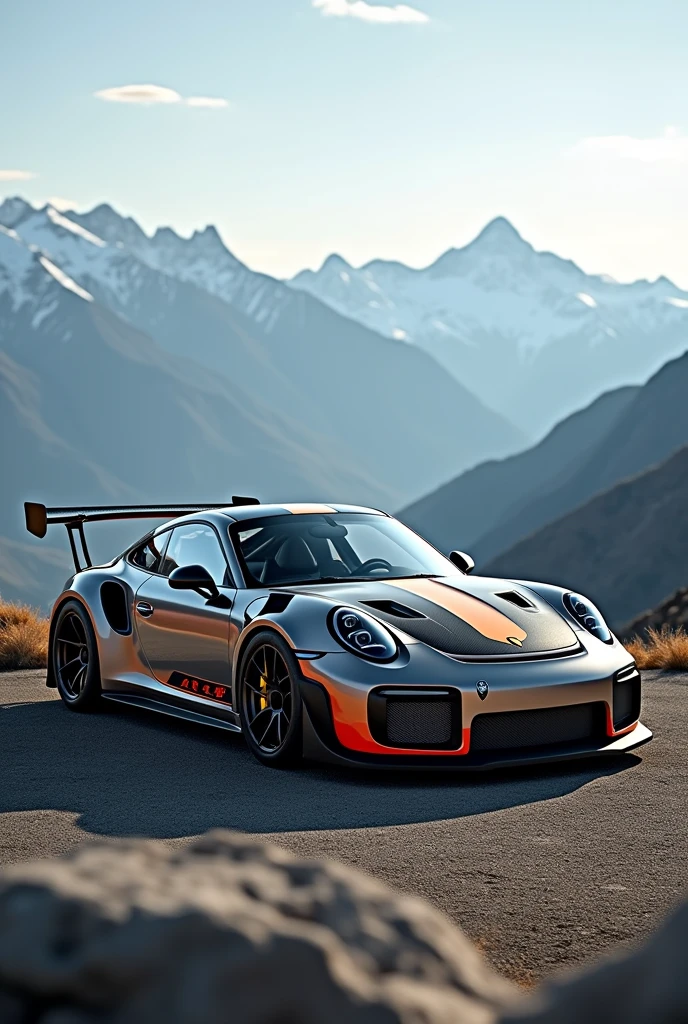 porsche 911 gt3 with custom wrap with carbon fiber hood and spoiler car color unque background mountains car on the top of it