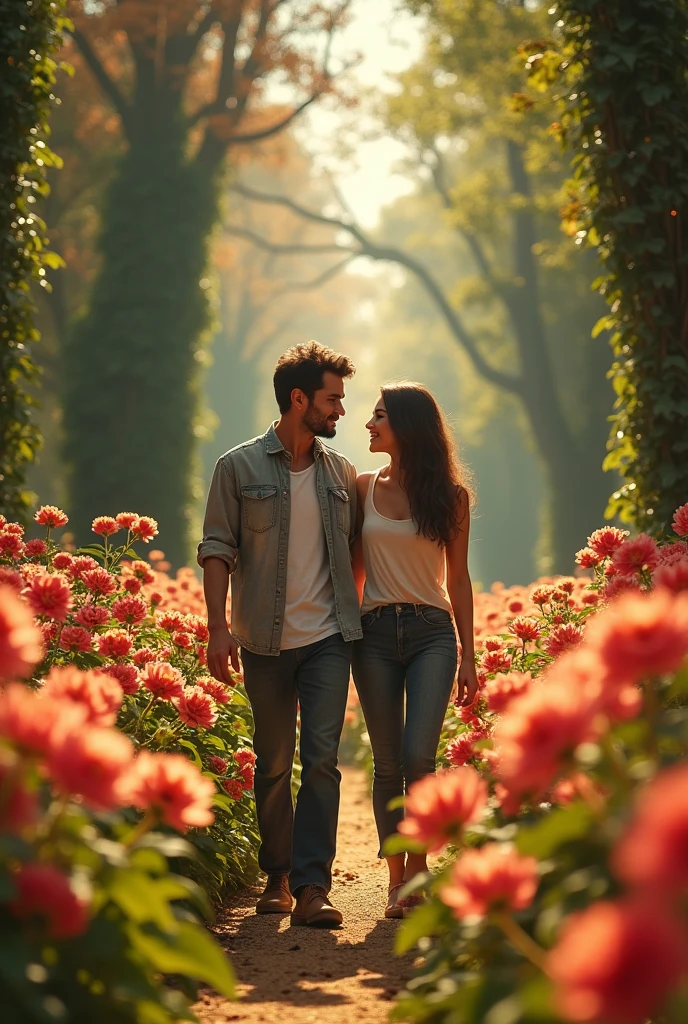 a man and a beautiful woman walking through a lush flower garden, smiling, deeply in love, facing the camera, detailed facial features, casual dress, sunny day, photorealistic, looking at the camera, cinematic lighting, intricate foliage, towering trees, dynamic poses, dramatic shadows, vibrant colors, breathtaking scenery, (best quality,4k,8k,highres,masterpiece:1.2),ultra-detailed,(realistic,photorealistic,photo-realistic:1.37),cinematic,dramatic lighting