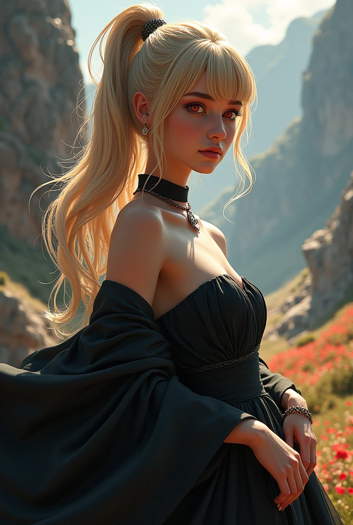 The best of Masterpiece on The Worldwide, the best of landscapes on worldwide, Improved quality, the best of shadow, High quality, Good anatomy, Healthy body, Whole fingers, Normal digits, HD quality image, fantasy, fantasy landscape, beautiful and cute girl, perfect girl, perfect white skin, perfect hairstyle, all perfect hairstyle, beautiful girl, perfect blond hair color, perfect deep blond hair color, perfect all hair accesories, perfect blue color eyes, highlight, perfect view, perfect body, full body( all body like head, nose, mouth, neck, shoulder, arm, hand, hips, thighs, legs, and feet on picture), all body shot, anime, waifu, collar with chain leash, blond hair, ponytail hair, hair bangs front, red eyes, black strapless dress, black cloack, without pant, without skirt, smile, multiviews,