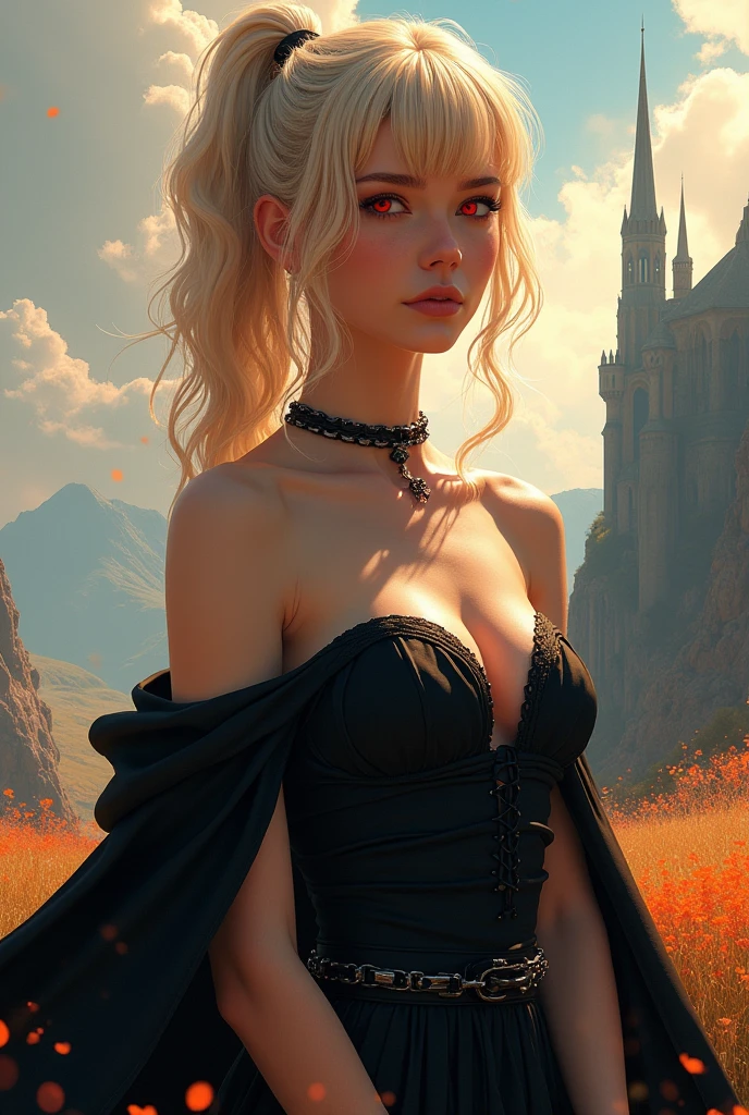 The best of Masterpiece on The Worldwide, the best of landscapes on worldwide, Improved quality, the best of shadow, High quality, Good anatomy, Healthy body, Whole fingers, Normal digits, HD quality image, fantasy, fantasy landscape, beautiful and cute girl, perfect girl, perfect white skin, perfect hairstyle, all perfect hairstyle, beautiful girl, perfect blond hair color, perfect deep blond hair color, perfect all hair accesories, perfect blue color eyes, highlight, perfect view, perfect body, full body( all body like head, nose, mouth, neck, shoulder, arm, hand, hips, thighs, legs, and feet on picture), all body shot, anime, waifu, collar with chain leash, blond hair, ponytail hair, hair bangs front, red eyes, black strapless dress, black cloack, without pant, without skirt, smile, multiviews,