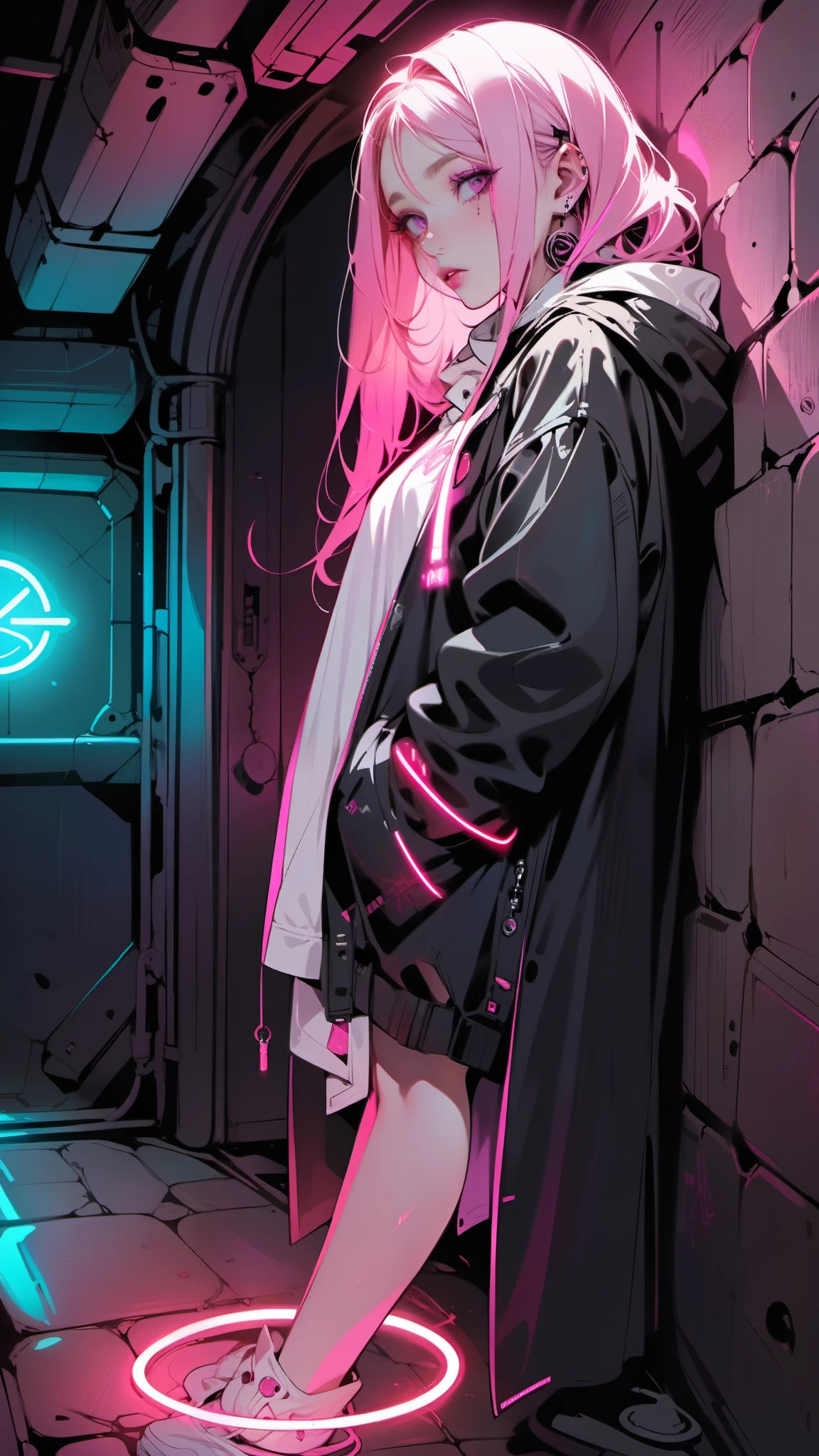 Neon Art,Illustrator, anime , Realistic ,sketch, 1 person, ,lip,Dungeons,(masterpiece,Highest quality) Pink and white hair,Droopy eyes, (masterpiece,Highest quality) ,whole body,