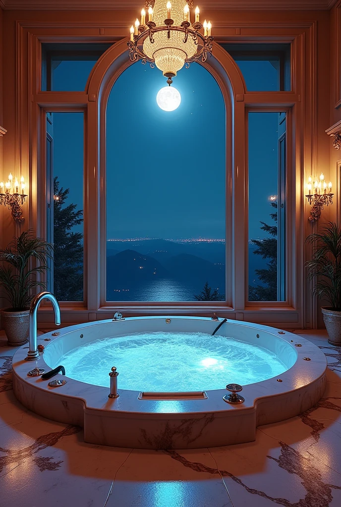 Make me a very large, luxurious and extravagant 1980s-style jacuzzi. Give me details so I know we are in that era. It&#39;s in a mansion. Give me the windows. It&#39;s nighttime.