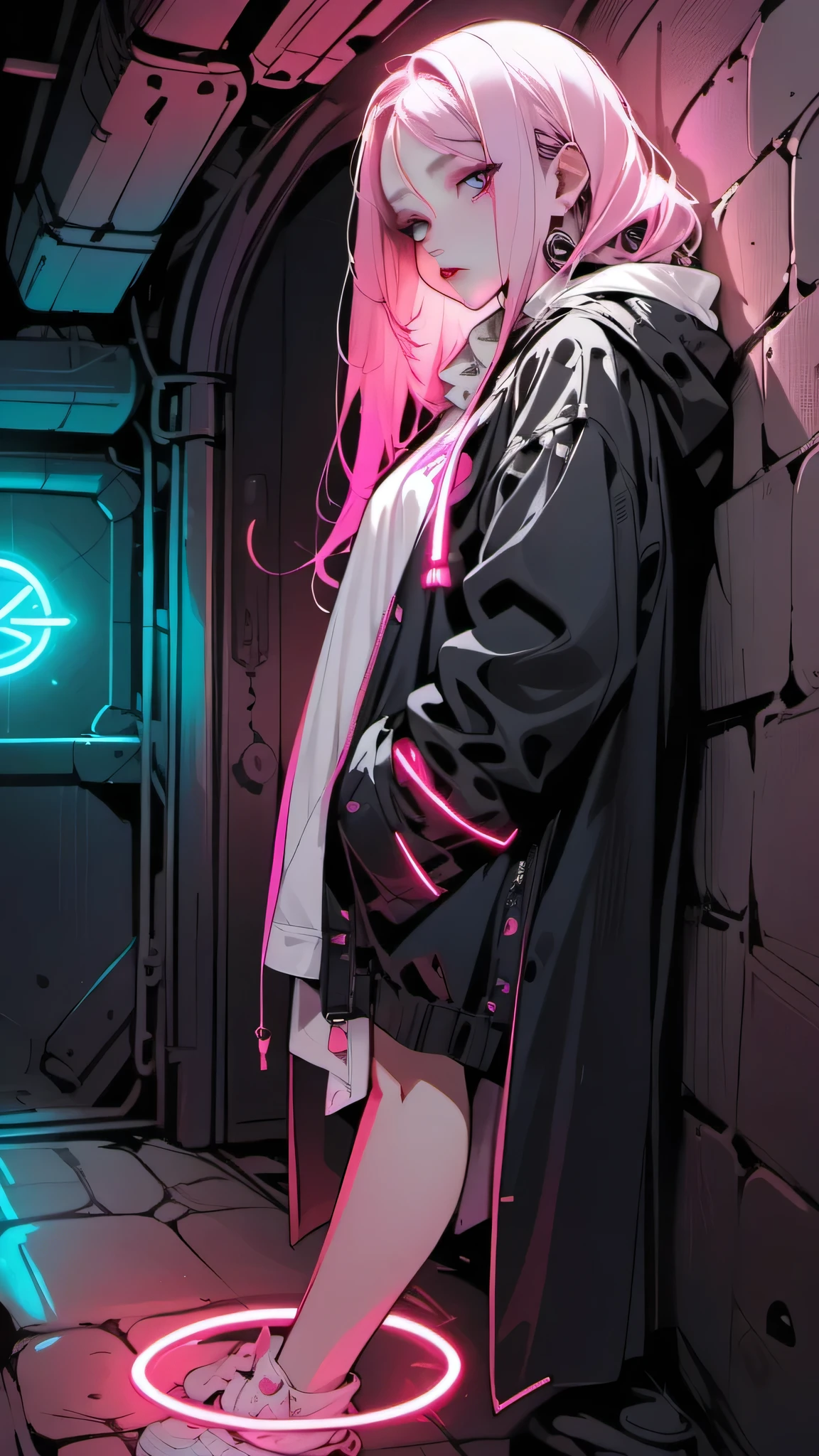 Neon Art,Illustrator, anime , Realistic ,sketch, 1 person, ,lip,Dungeons,(masterpiece,Highest quality) Pink and white hair,Droopy eyes, (masterpiece,Highest quality) ,whole body,
