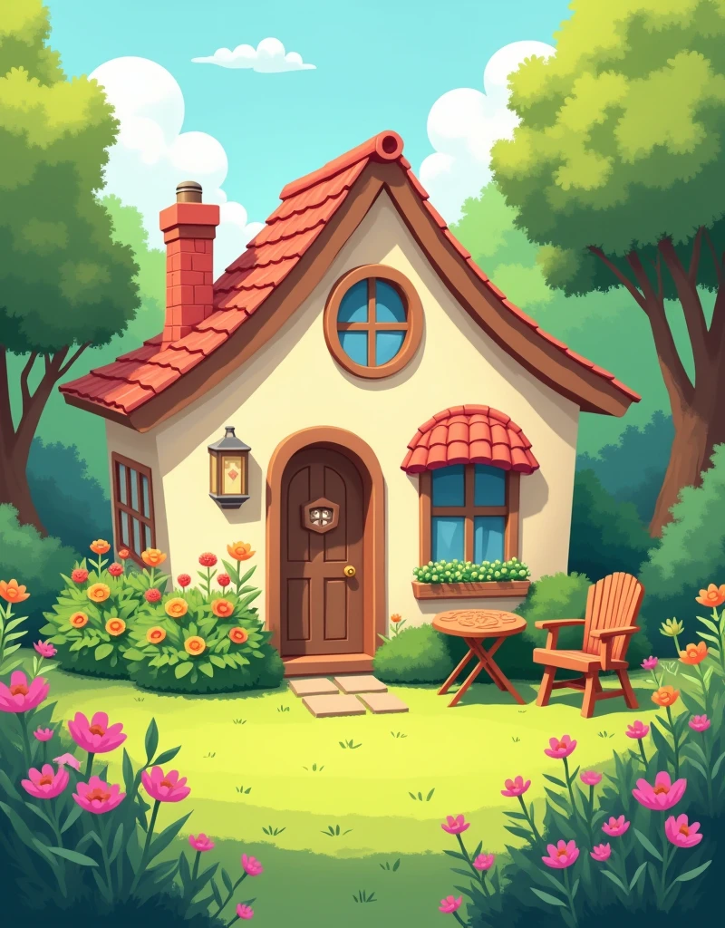 A cozy house is nestled in a lush, vibrant garden, filled with colorful flowers and green trees. The house has a warm and welcoming vibe, with soft, curved lines and gentle colors typical of a low-fi cartoon style. In front of the house, there’s a wide, open lawn with a simple table and chairs set up for relaxing. The overall atmosphere is peaceful and serene, with the greenery and flowers adding life and charm to the scene, while the cartoonish design gives it a lighthearted, whimsical feel. Animal lo-fi drawing