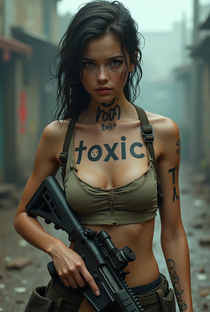 A toxic wounded girl who have toxic printed on his chest and 00 on his neck holding m416 gun in infected area . Ensure that tatoo are shown clearly. Upper body are open.