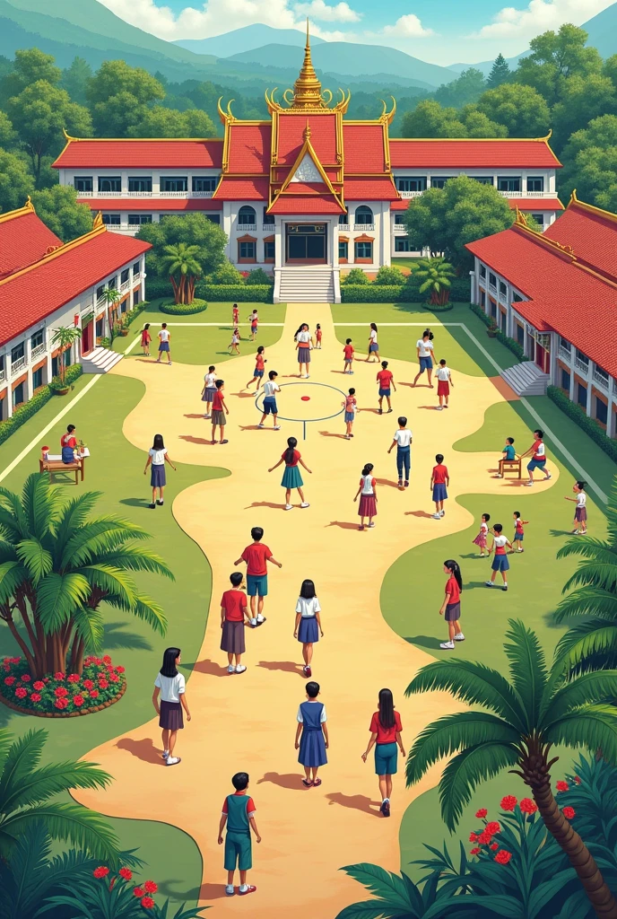 School map showing Thai students doing various activities