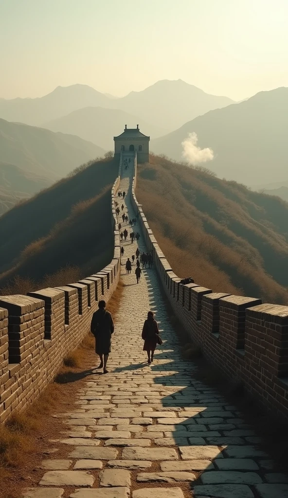 UHD, detailed, historical scene showing nomadic tribes in the distance, with the Great Wall in the foreground, signifying protection.