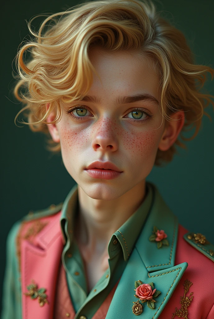 a sexy teenage boy with golden hair, light brown skin with freckles, greeneyes, dark pink outfit with aqua green and pumpkin and rose elements on the outfit