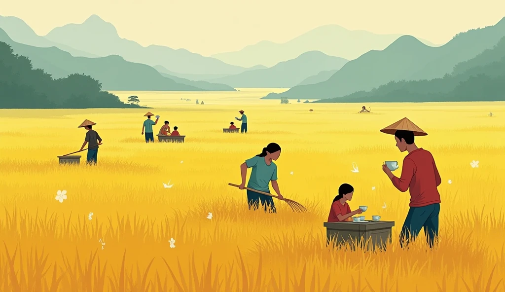 Vietnamese, morning, golden rice fields, a group of people harvesting rice, a group of people sitting resting and drinking tea in the style of minimalist cartooning, cartoonish character design, hieratic visionary, figura serpentinata, bioluminescence, bill watterson