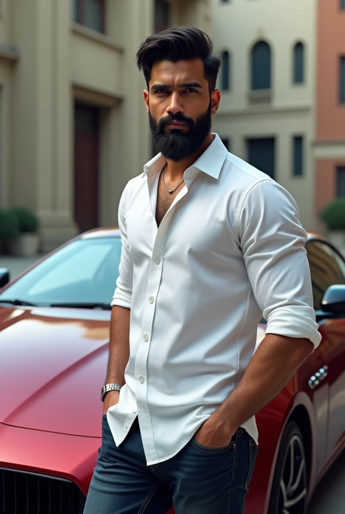 A 23 years old Indian boy, wearing a white shirt, having thick beard on the face and having an innocent but muscular body, standing with a maserati car make a real image as much as possible