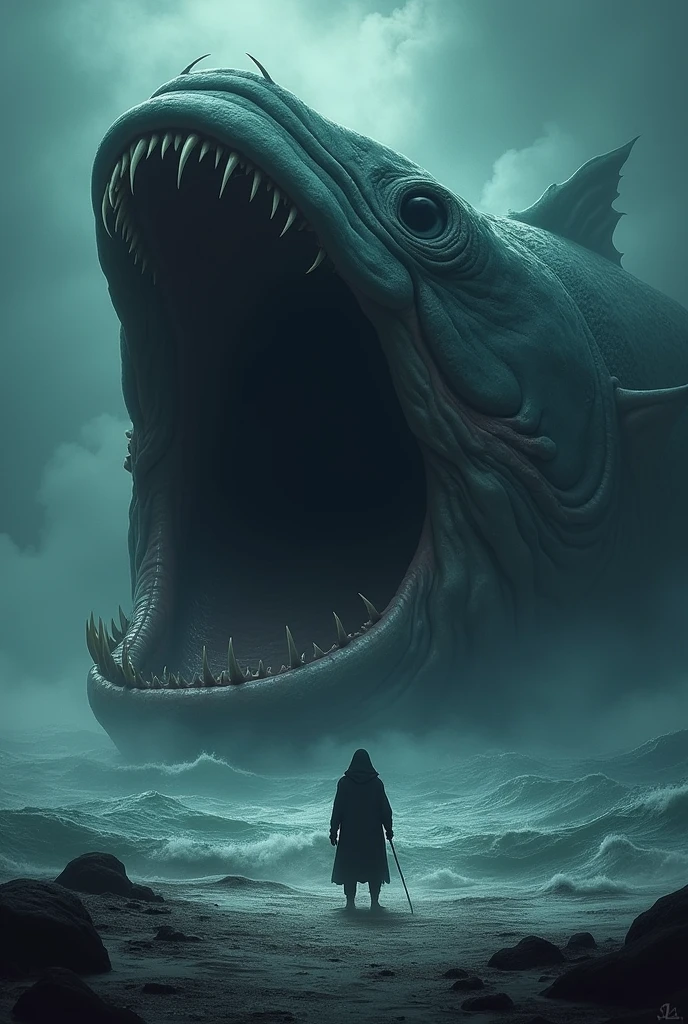 Dark sea view, with big fish emerging from the depths, shows the Prophet Jonah looking small being swallowed into the mouth of a fish.