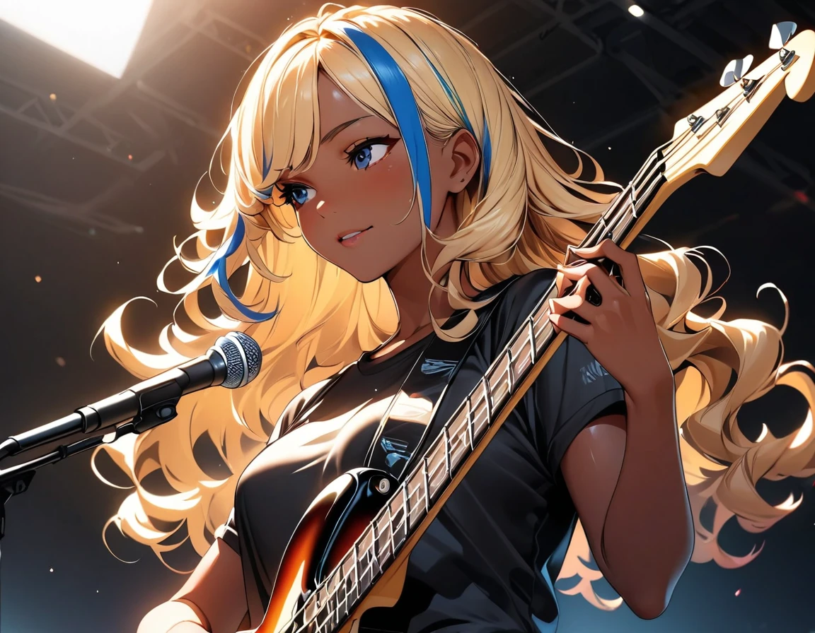 (highest quality:1.4, Very detailed, up to date, Vibrant, Ultra-high resolution, High Contrast, masterpiece:1.2, highest quality, Best aesthetics), Portraiture、girl、(25-years-old:1), slim, (black t-shirt), jeans, Bright colors、Beautiful fine details、Beautiful lip detail、extra short hair, ((wavy hair:1.3))、messy hair, blonde and blue ((streaked hair:1.5)), highlights hair: 1.3, medium breast, (tan skin:1.1), (Playing bass:1), electric bass, looking ahead, Rehearsing for a concert:1, on stage, (upper body),