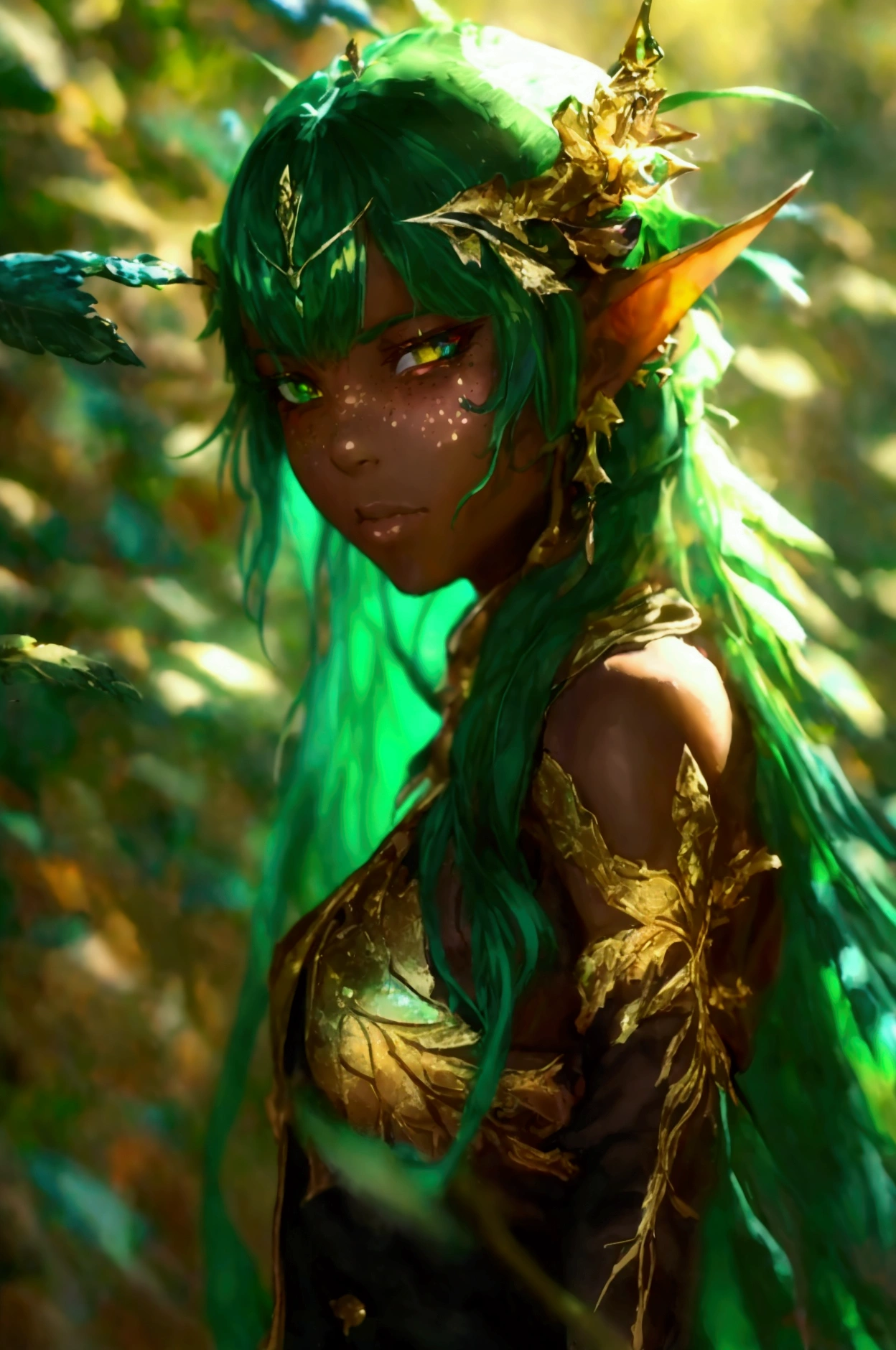 prismatic coloration, holographic environment, young girl, black skin, Beautiful, elven ears, Serious expression, ponytails, leaf green hair, Heterochromia with deep green & Gold eyes, C-cup, lithe, fit, Modest-attire, full-body, slender legs, beautiful eyes, freckles, leaf green eyebrows, Cute , (long straight prismatic Demon horns:1.2), wielding magic wand, Battle stance, grassy aura, mystic black-Green cloak with Golden Floral designs