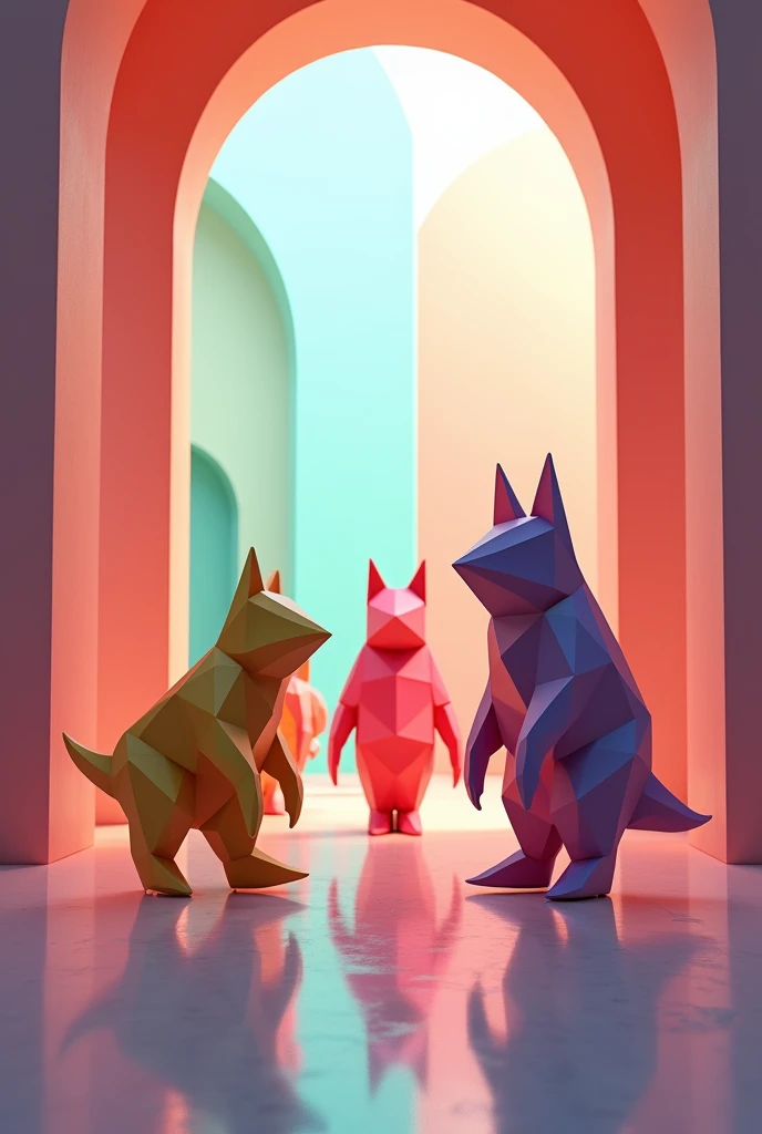 A large number of geometric colored blocks form simple animals,Abstract modeling,Walking in a circular hall,Light effects,Premium color matching,Tyndall effect,Near big far small