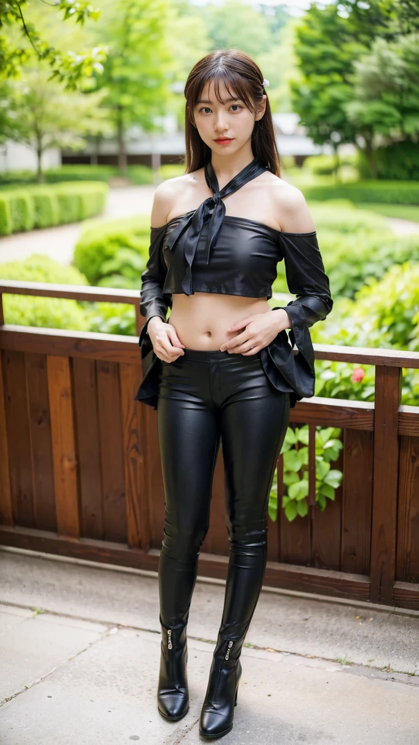 (8k、RAW Photos、Highest quality、masterpiece:1.2)、(Realistic、Realistic)、1 person、((Black Pants、blouse、I can see my belly button、See-through、Frills、Shoulder visible、garden、Breast enlargement、boots、ribbon、Thin legs、whole body、View from the front、Looking into the camera、Stand with hands on hips))、cute