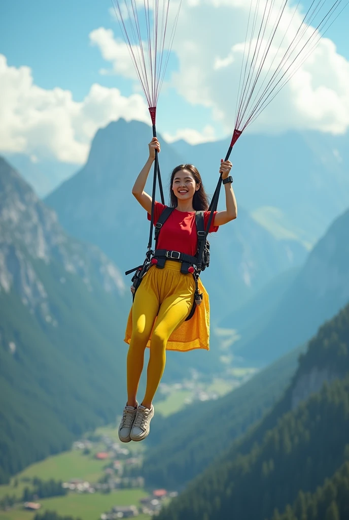 Beautiful Korean Girl Wearing Hijab 24 Years Old, Paragliding In Swiss Alps Valley, ((In the air)), ((Paragliding)), Solo, Air, Realistic, Ultra HD, 8k unity wallpaper, Ray Tracing, Beautiful smile, (smile:1.2), (Red T-shirt), (Yellow pleated skirt above her knees wearing long leggings), Detailed background, Detailed skin, Detailed clothes, (Detailed paragliding), Real Paragliding, Landing time, Touching the ground while landing with paragliding, Low altitude in the air,