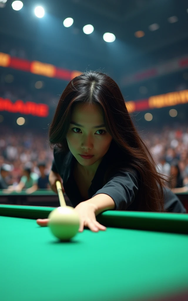 Women's Pool Competition,18-year-old Korean beauty,Long hair,Fair skin,Focus,Billiards Masters Final Background,Professional Arena