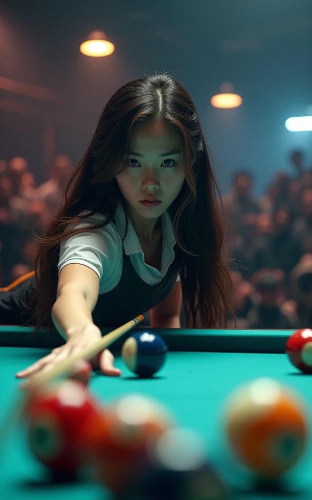 Women&#39;s Pool Competition，18-year-old Korean beauty，Long hair，Fair skin，Focus，Billiards Masters Final Background，Professional Arena