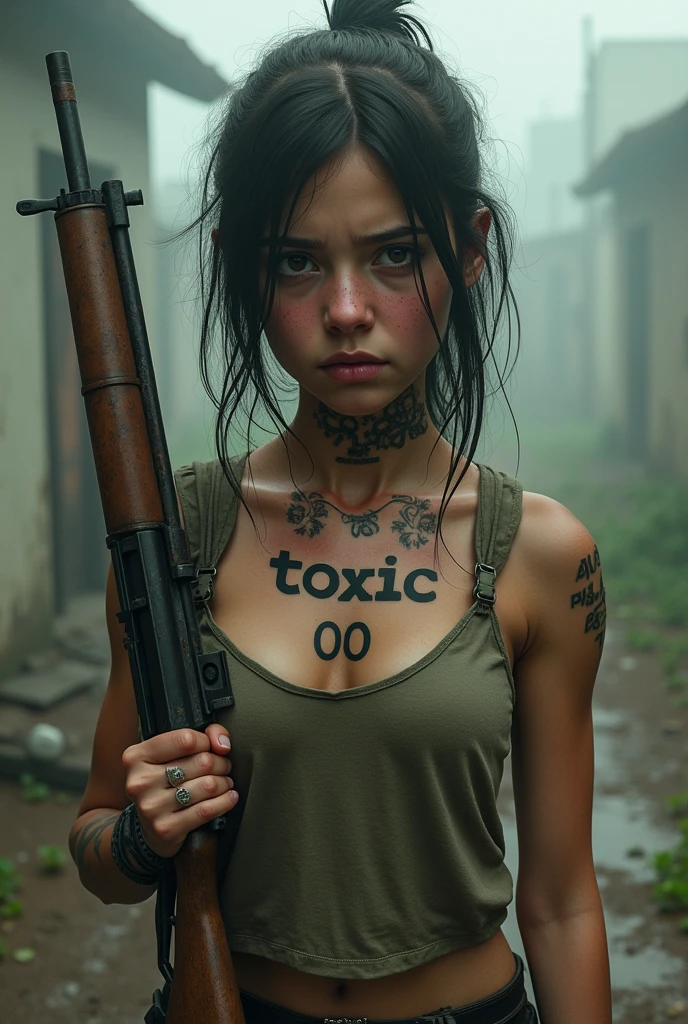 A toxic wounded girl who have toxic printed on his chest and 00 on his neck holding m416 gun in infected area . Ensure that tatoo are shown clearly. Upper body are open.