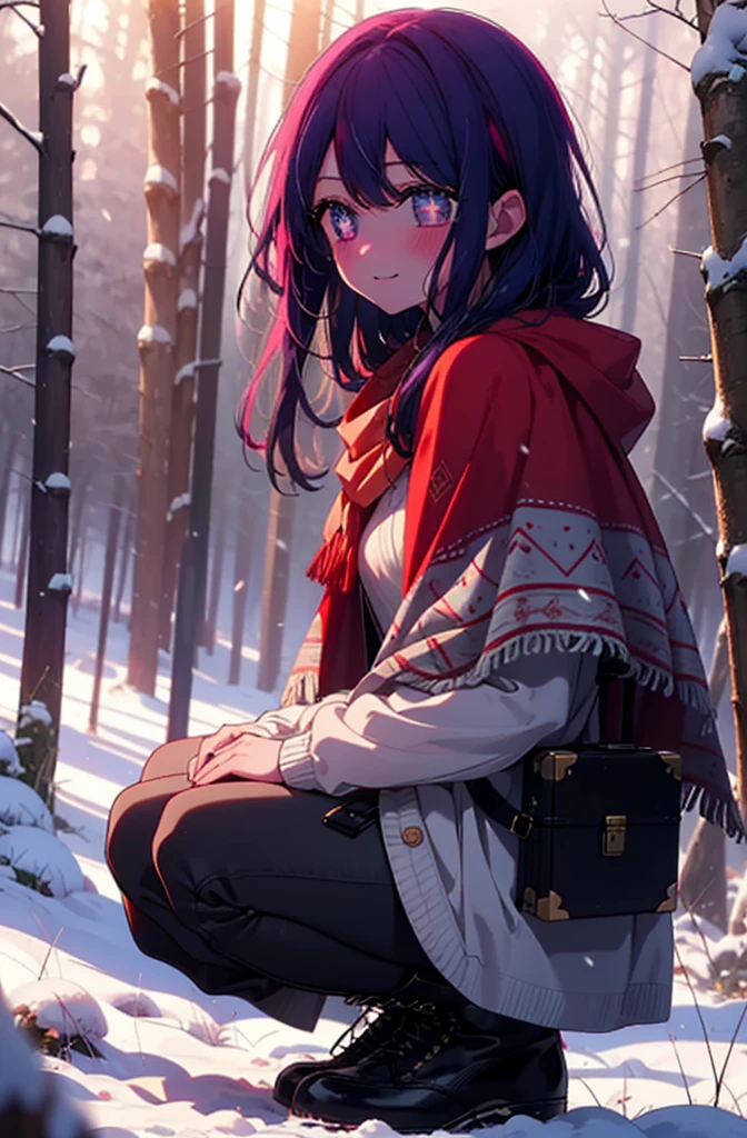 aihoshino, Ai Hoshino, Long Hair, bangs, (Purple eyes:1.1), Purple Hair, (Symbol-shaped pupil:1.5), smile,,smile,blush,white breath,
Open your mouth,snow,Ground bonfire, Outdoor, boots, snowing, From the side, wood, suitcase, Cape, Blurred, , forest, White handbag, nature, Squat, Mouth closed, Cape, winter, Written boundary depth, Black shoes, red Cape break looking at viewer, Upper Body, whole body, break Outdoor, forest, nature, break (masterpiece:1.2), Highest quality, High resolution, unity 8k wallpaper, (shape:0.8), (Beautiful and beautiful eyes:1.6), Highly detailed face, Perfect lighting, Extremely detailed CG, (Perfect hands, Perfect Anatomy),