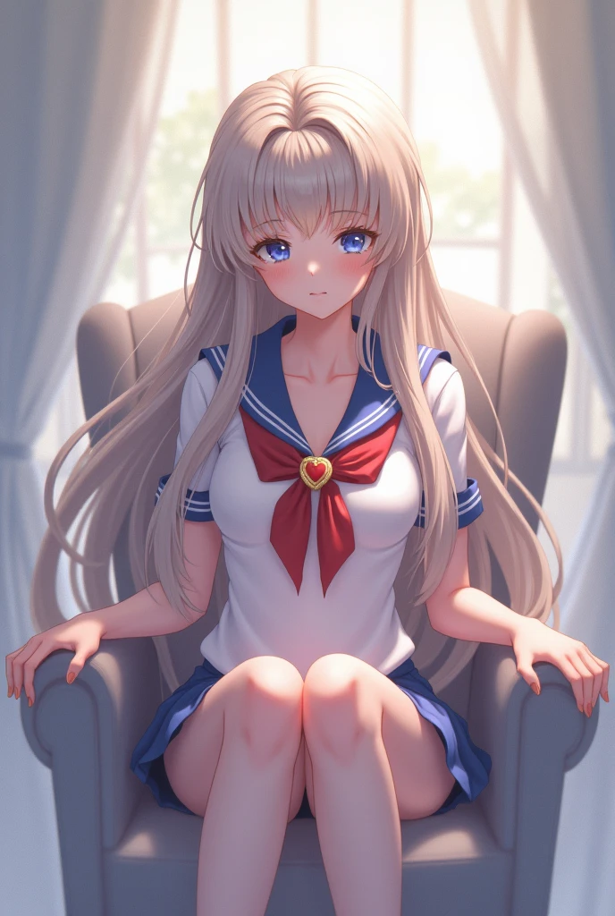 Sailor moon with open long hair , seat in a chair