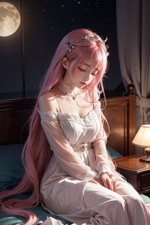 Lights out。Are sleeping。Sleeping with eyes closed。Beautiful young woman。Moon and Stars。Little Anime。Pink Hair。Enchanting rooms。relax。Dark beautiful room。Woman with fair skin。