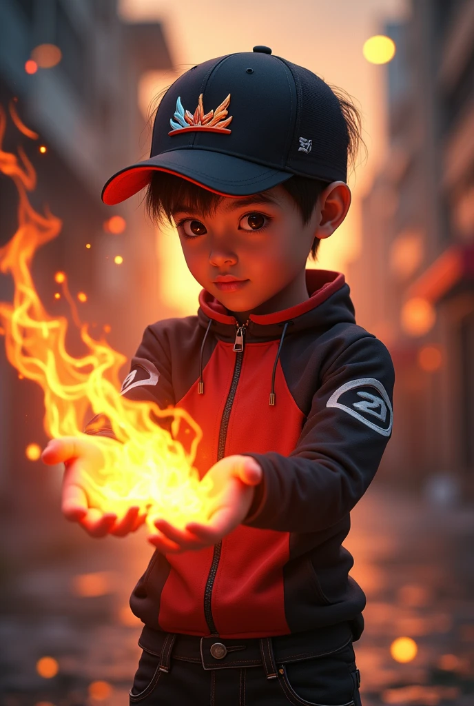 Look realistic, real hd.a young boy from Malaysia or Indonesia, wearing an black red zip-up shirt, black hair with a touch of white hair, highly detailed, a young real boy Malaysia Indonesia . wearing an black red zip-up shirt,black hair mix little detai white hair. Age old. Black red cap with small fire logo, detailed face, cinematic lighting, dramatic atmosphere, vibrant colors, 8k, high quality, photorealistic. Hero suit. Fire come from his hand. Glowing fire .jeans pants. Very strong. Future design dress, 4k, photorealistic, masterpiece, studio lighting, sharp focus, physically-based rendering, extremely detailed description, vivid colors, bokeh