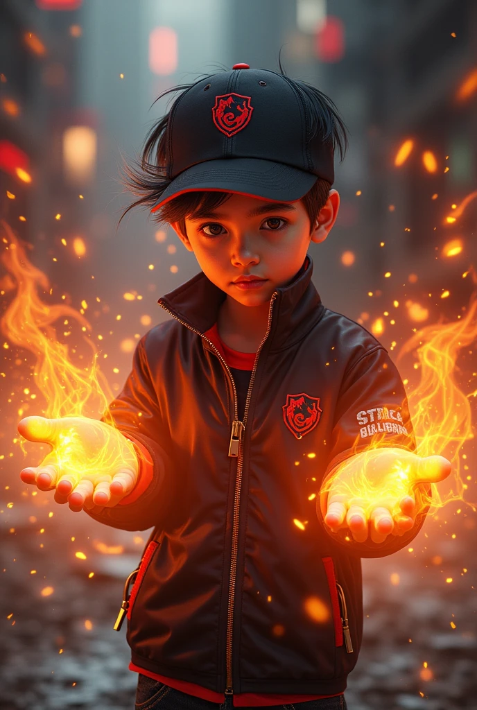 Look realistic, real hd.a young boy from Malaysia or Indonesia, wearing an black red zip-up shirt, black hair with a touch of white hair, highly detailed, a young real boy Malaysia Indonesia . wearing an black red zip-up shirt,black hair mix little detai white hair. Age 12 year old. Black red cap with small fire logo, detailed face, cinematic lighting, dramatic atmosphere, vibrant colors, 8k, high quality, photorealistic. Hero suit. Fire come from his hand. Glowing fire .jeans pants. Very strong. Future design dress, 4k, photorealistic, masterpiece, studio lighting, sharp focus, physically-based rendering, extremely detailed description, vivid colors, bokeh