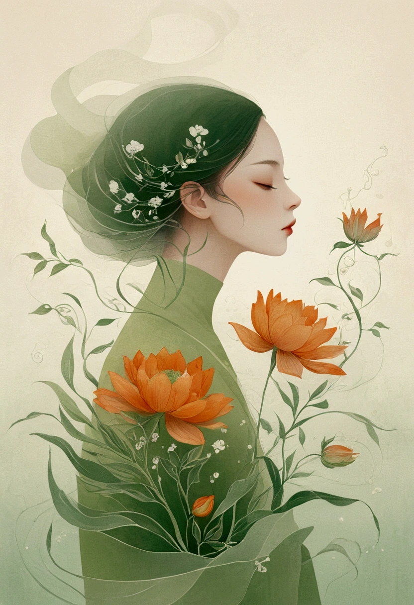In the style of Victo Ngai, Beautiful Dite,Simple,modern,advanced,cute,Color blocking,flowers,Orange,light green,grid,line,illustration,Vigor,pixar,