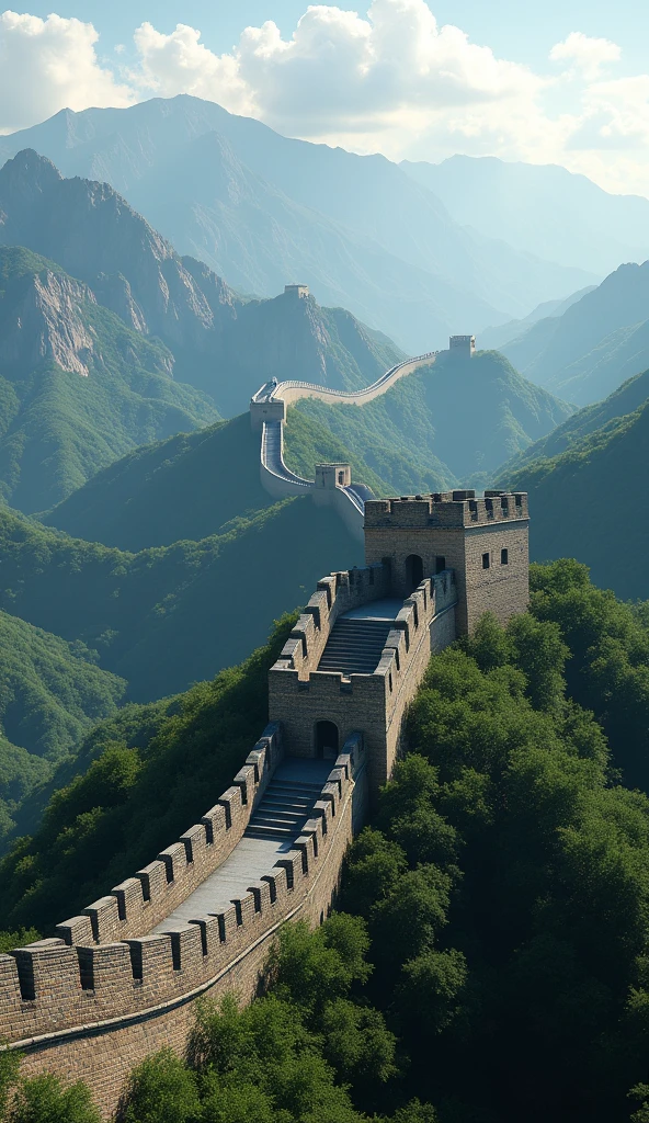 UHD, epic, sweeping view of the Great Wall stretching across diverse landscapes, with clouds casting shadows over different sections.