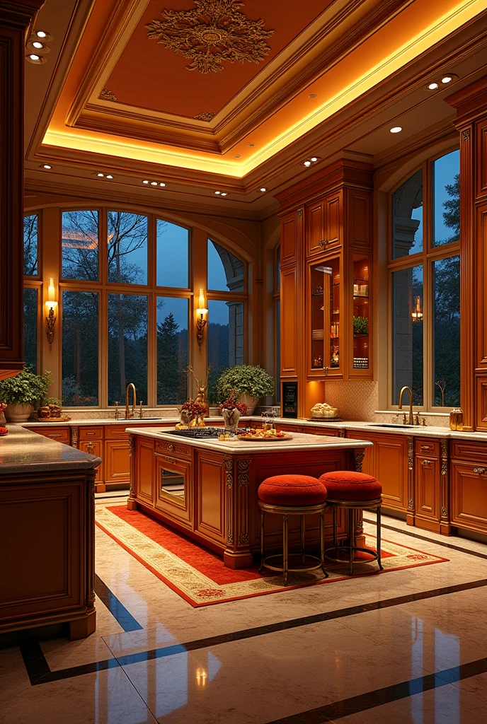 Make me a very large, luxurious and extravagant 1980s style kitchen. Give me details so I know we are in that era. It's in a mansion. Give me the windows. It's nighttime.