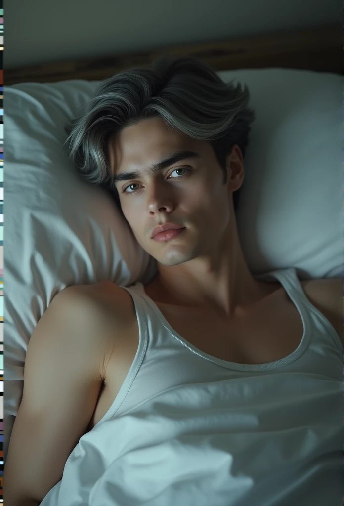 20 year old male with grey hair, Two-block haircut , Wearing a plain white tank top, Lying in bed, Pensive expression