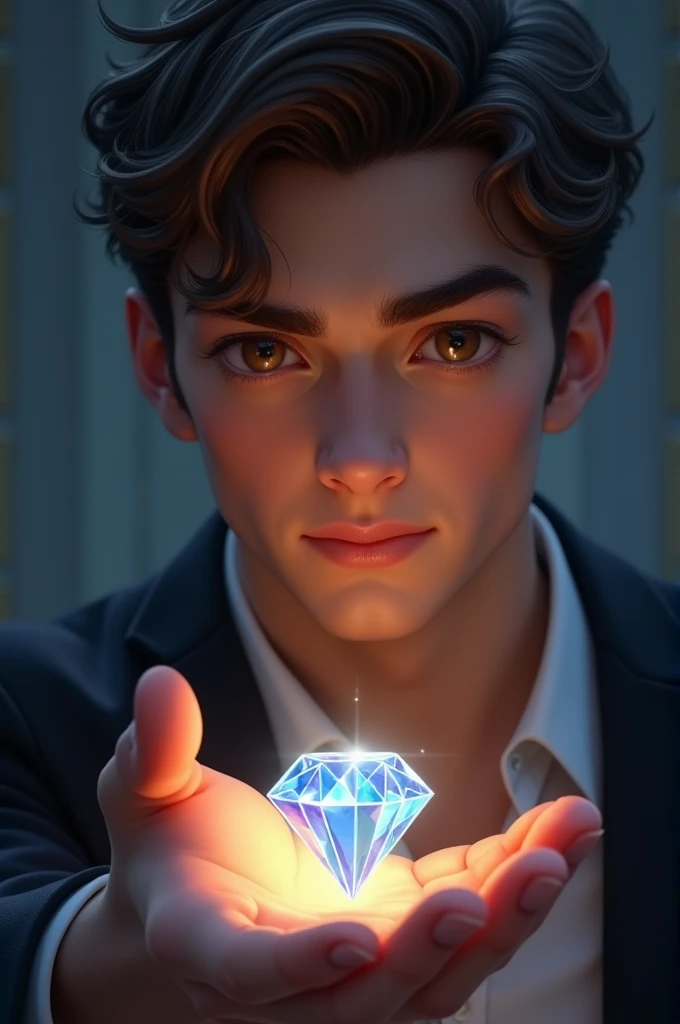 Young, handsome, brown, brown eyes, short hair, with a diamond in his hand