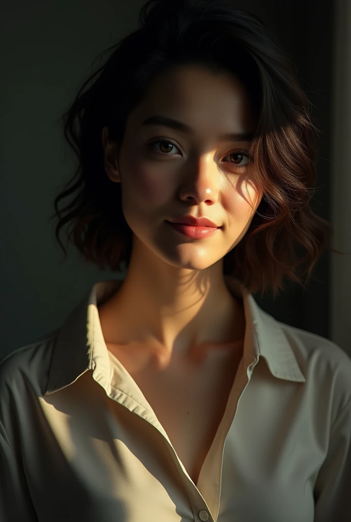 best quality, masterpiece, (photorealistic:1.4), 1girl, light smile, shirt with collars, waist up, dramatic lighting, from below