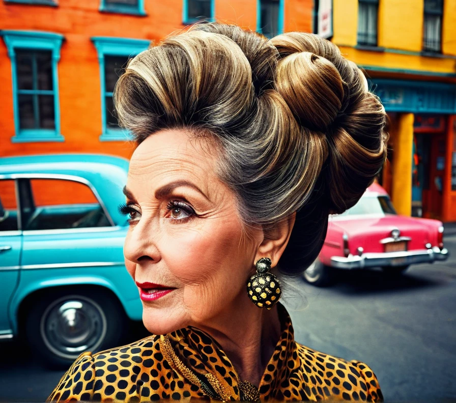 Retro-inspired beehive for women over 50, offering a voluminous and glamorous updo for thick hair.
(a 50 years old woman) (masterpiece), medium and long hair, Beautiful Woman, Beautiful face, Realistic, vibrant, everyday color photography, Messy backgrounds, saturated colors, urban life, street portraits, hidden details, Ephemeral moments, moments of real life, HD Quality.