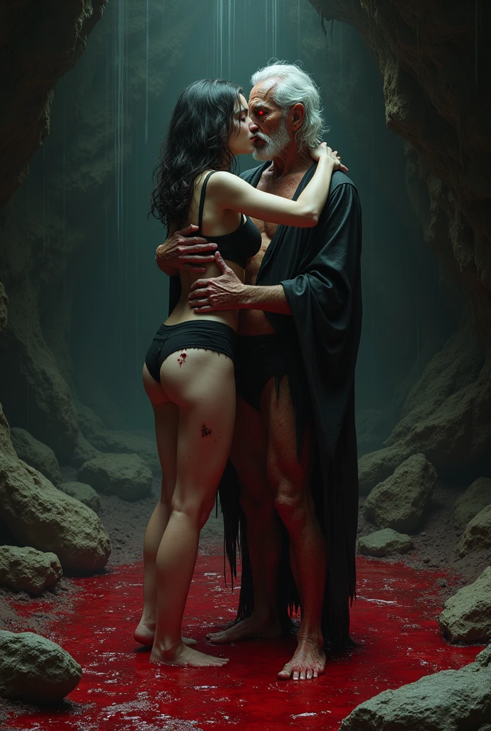 American young girl, wearing lingerie, very old man wearing underwear has red eyes, in cave of blood, doing ritual